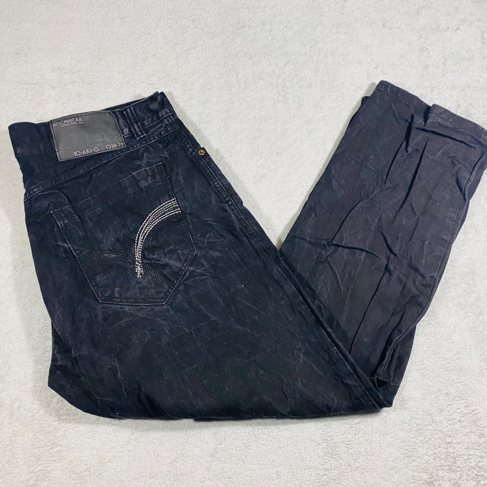 Rocawear Slim‎ Fit Denim Jeans Mens 40x32 Black J-2914 Embroidered Streetwear